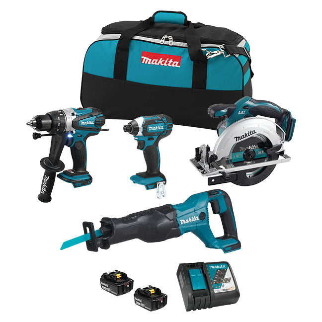 Makita DLX4058M 18V LXT 4 Tool Kit – Hammer Drill/Driver, Impact Driver, Circular Saw, Reciprocating Saw, 2x 4.0Ah Batteries, Rapid Charger, Tool Bag