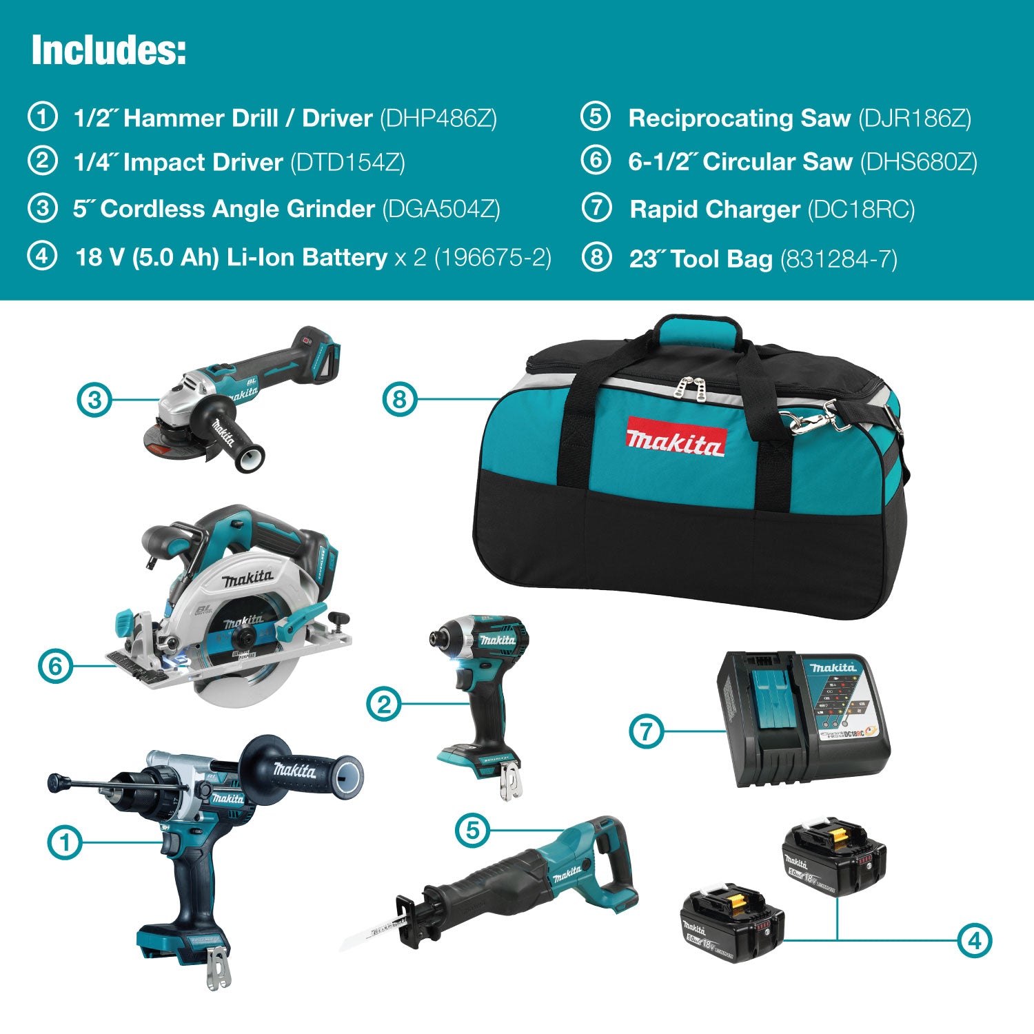 Makita DLX5077TX1 18V LXT Brushless 5 Tool Kit – Hammer Drill/Driver, Impact Driver, Angle Grinder, Circular & Reciprocating Saw, 2x 5.0Ah Batteries