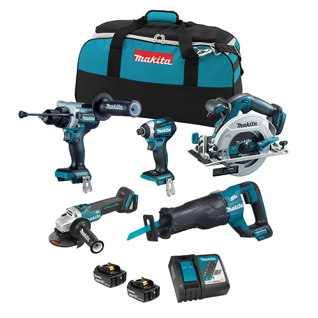 Makita DLX5077TX1 18V LXT Brushless 5 Tool Kit – Hammer Drill/Driver, Impact Driver, Angle Grinder, Circular & Reciprocating Saw, 2x 5.0Ah Batteries