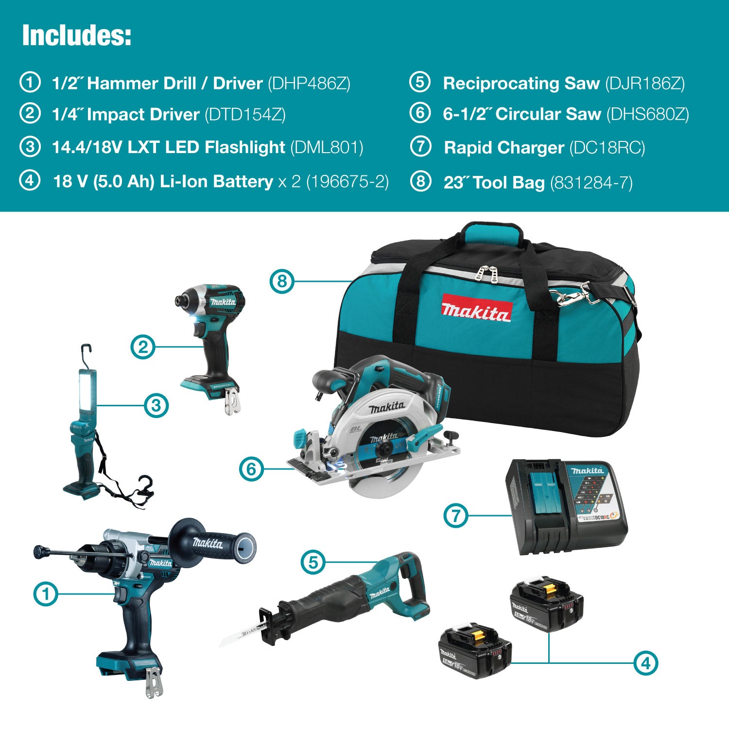 Makita DLX5083TX1 18V LXT Brushless 5 Tool Kit – Hammer Drill/Driver, Reciprocating Saw, Impact Driver, Circular Saw, LED Flashlight, 2x 5.0Ah Batteries