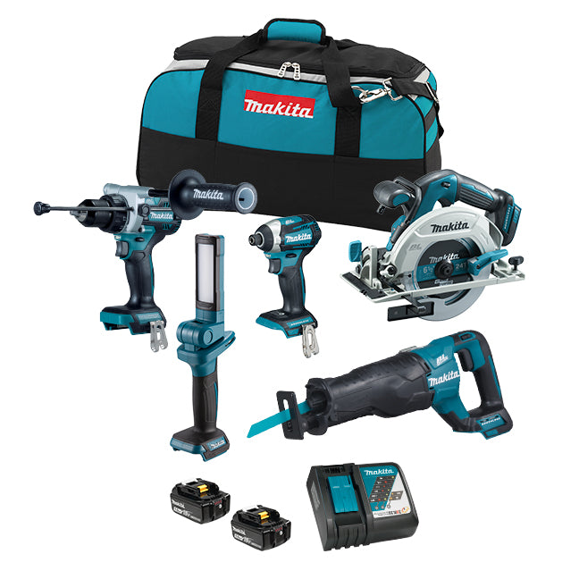 Makita DLX5083TX1 18V LXT Brushless 5 Tool Kit – Hammer Drill/Driver, Reciprocating Saw, Impact Driver, Circular Saw, LED Flashlight, 2x 5.0Ah Batteries