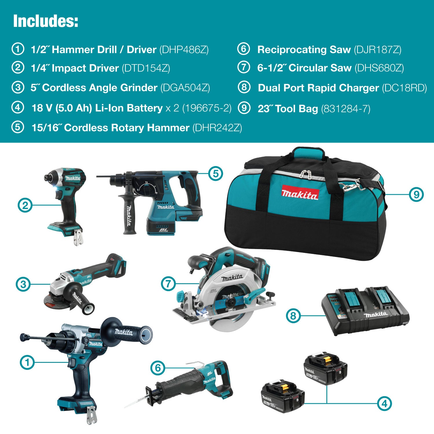 Makita DLX61 18V LXT Brushless 6 Tool Kit – Hammer Drill, Impact Driver, Angle Grinder, Circular & Recip Saw, Rotary Hammer, 2x 5.0Ah Batteries