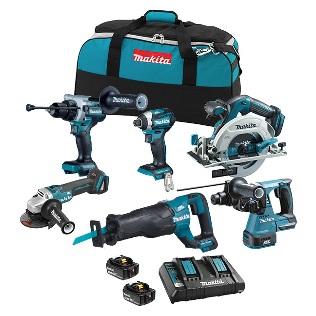 Makita DLX61 18V LXT Brushless 6 Tool Kit – Hammer Drill, Impact Driver, Angle Grinder, Circular & Recip Saw, Rotary Hammer, 2x 5.0Ah Batteries