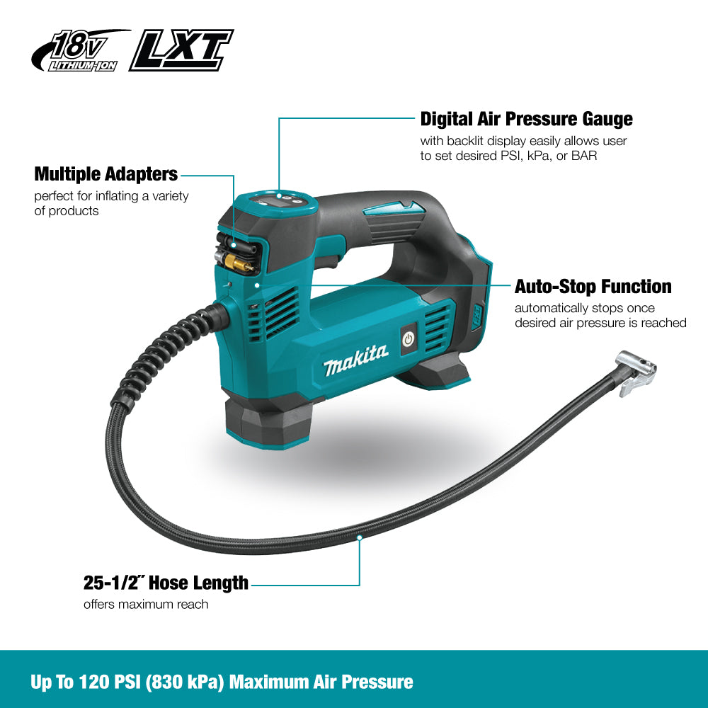 Makita 18V LXT Inflator DMP180Z - 120 PSI, Digital Gauge, Auto-Stop, LED Light, Memory Function, Compact & Portable, Battery Protection, Inflation Tool