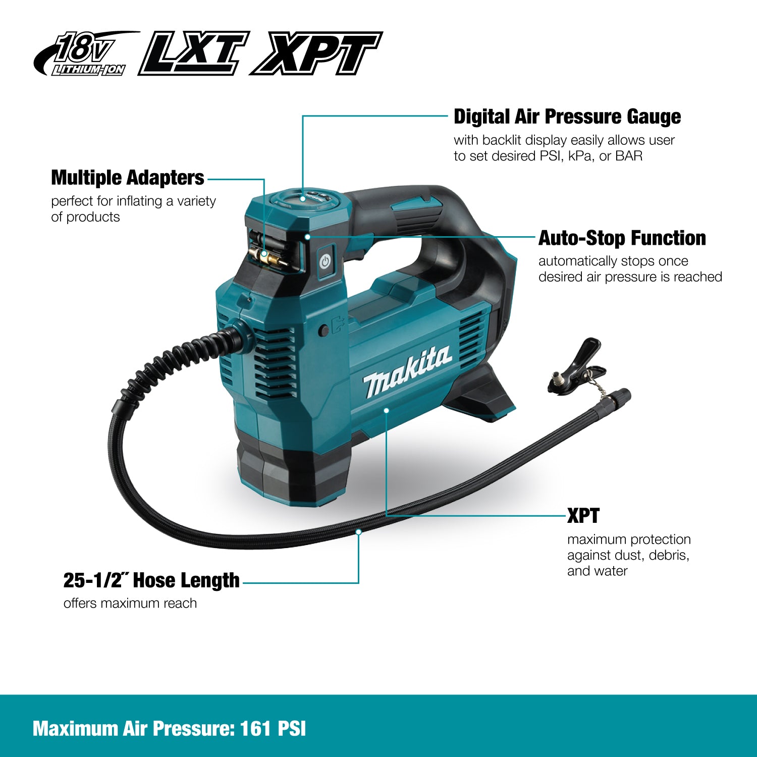 Makita 18V LXT Inflator DMP181Z - 160 PSI, Digital Gauge, Auto-Stop, Memory Function, LED Light, Compact Design, Battery Protection, XPT Durability