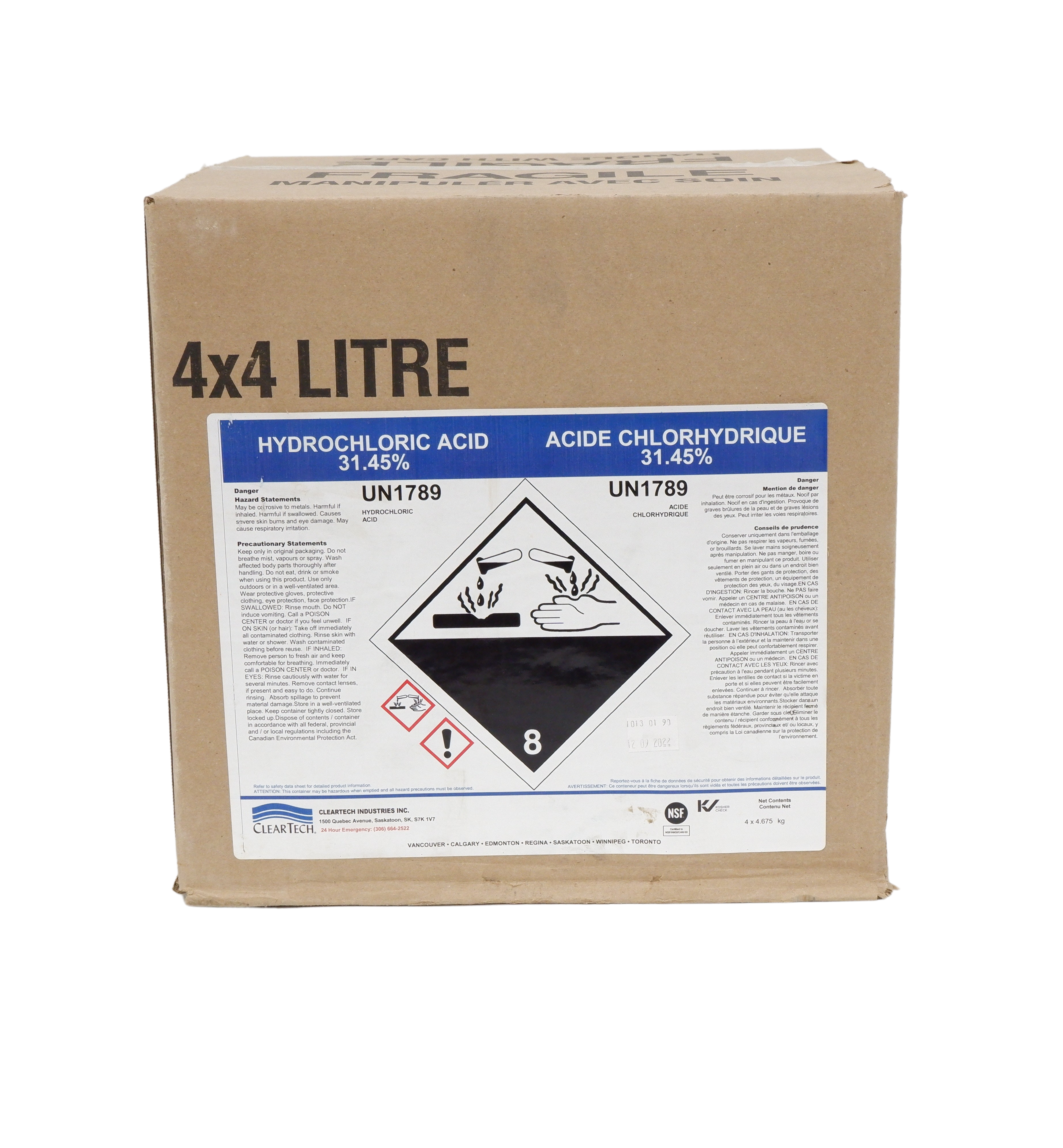 Hydrochloric Acid (Muriatic Acid) - 31.45% - NSF Certified - Case of 4X4L Jugs