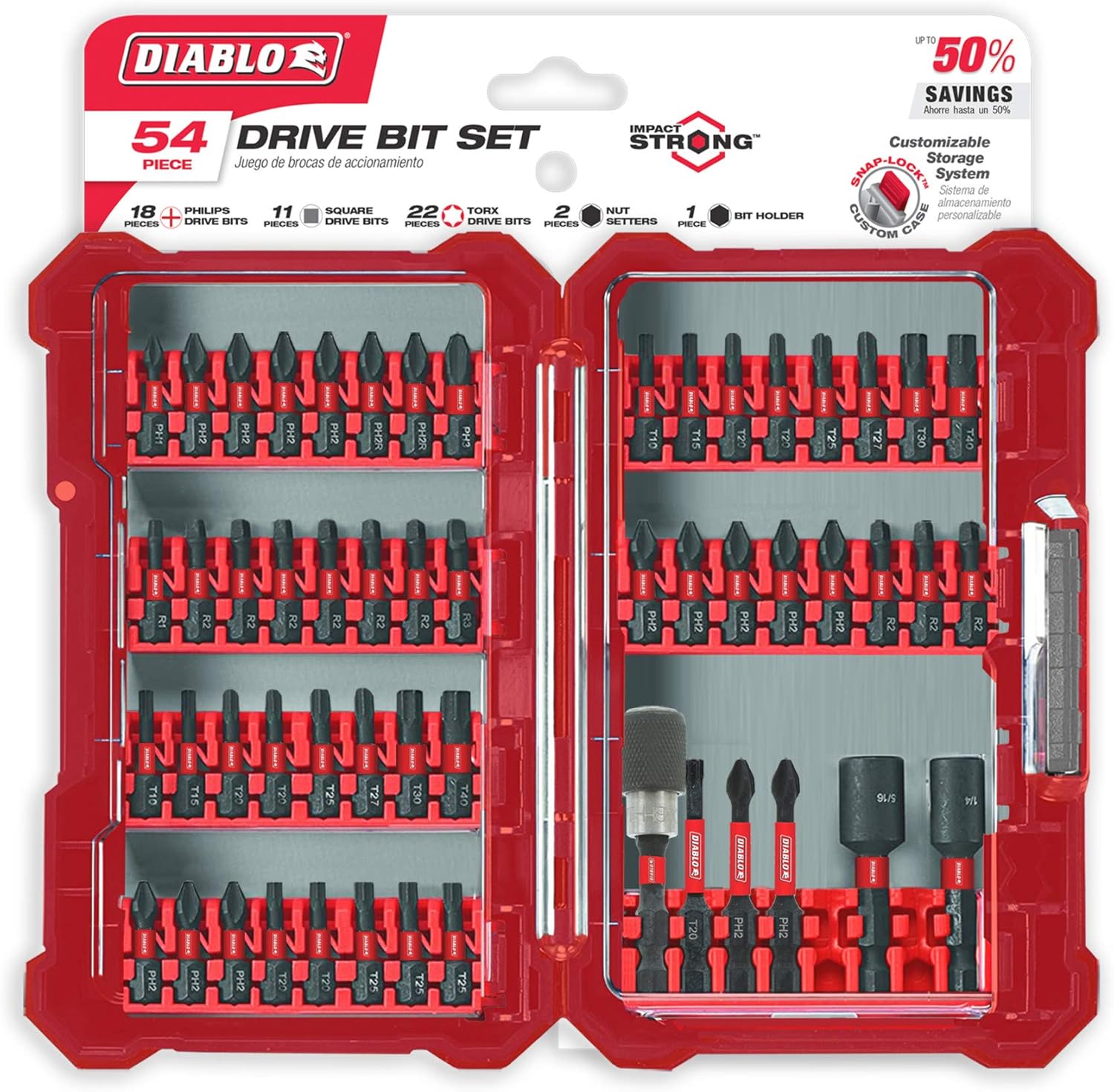 Diablo 54 Piece Screwdriving Set - Durable Impact-Strong Bits with Magnetic Nut Setters, Torque Resistant Design, and Rust Protection Coating