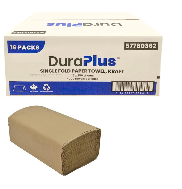 Dura Plus Universal Single Fold Paper Towel - 250 Towels Per Clip - Case of 16 Clips