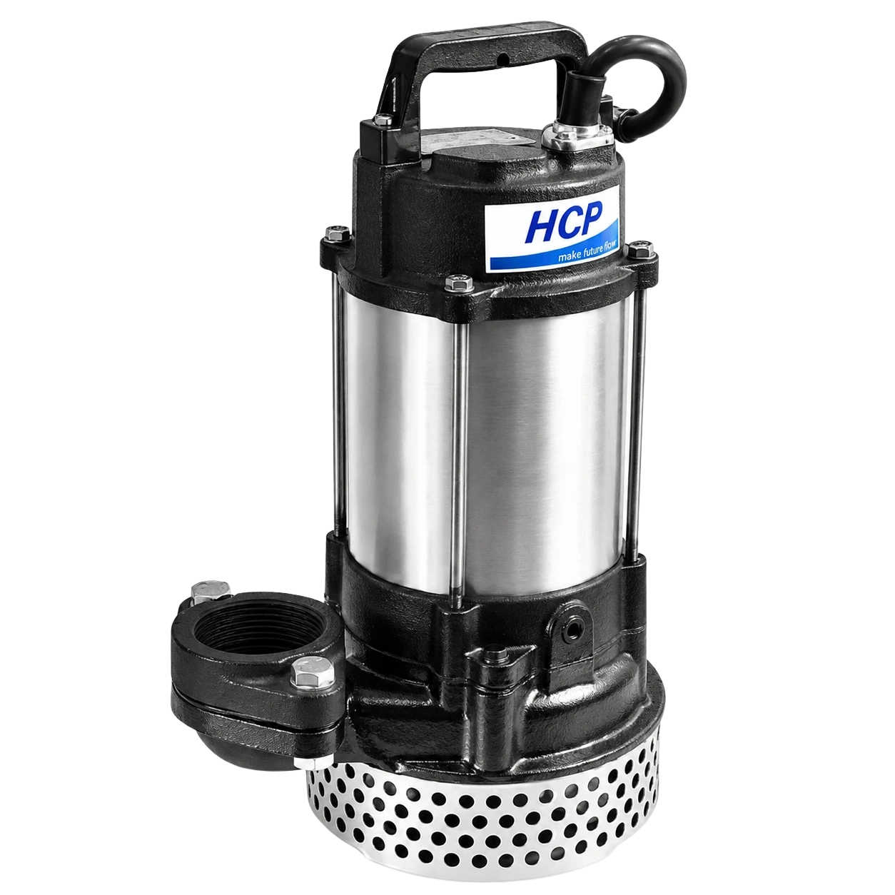 HCP AN-21.5H submersible dewatering pump with stainless steel body and flanged discharge.