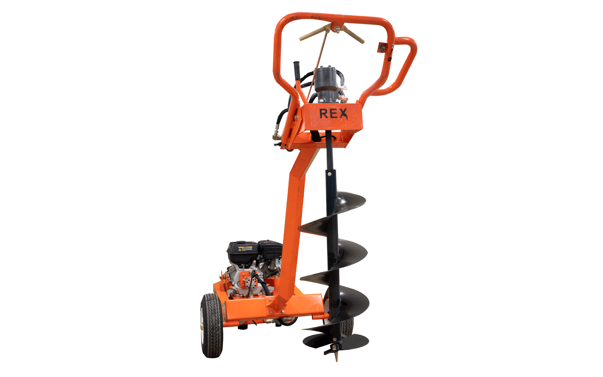 REX 9 HP Hydraulic Post Hole Digger with Variable Tilt, 5 Auger Bits (5"-12"), 3600 in-lbs Torque, 84" Max Depth, 9HP Loncin Engine, EPA Certified