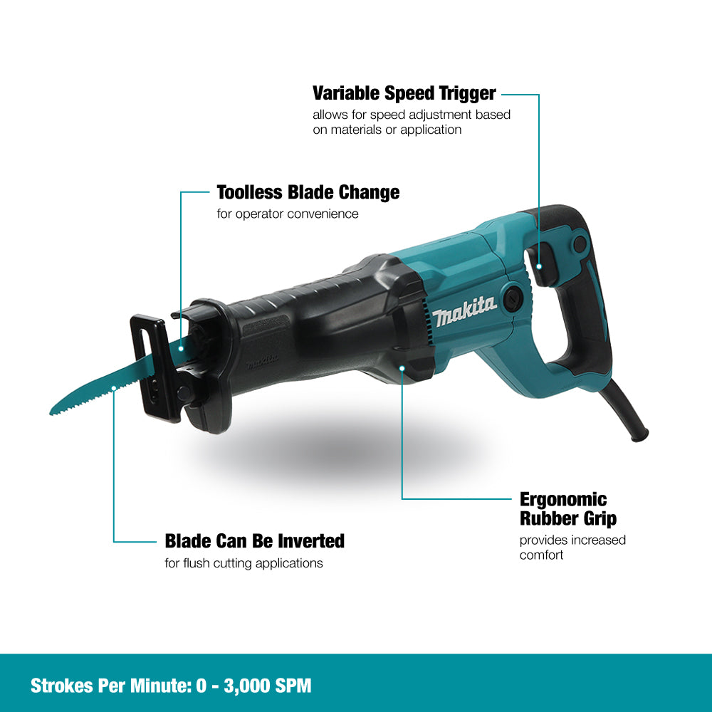 Makita JR3051T Corded Reciprocating Saw: 12 AMP, Variable Speed, Toolless Blade Change, Ergo Grip, 6" Blade Incl, 1-3/16" Stroke Length, 0-3,000 SPM