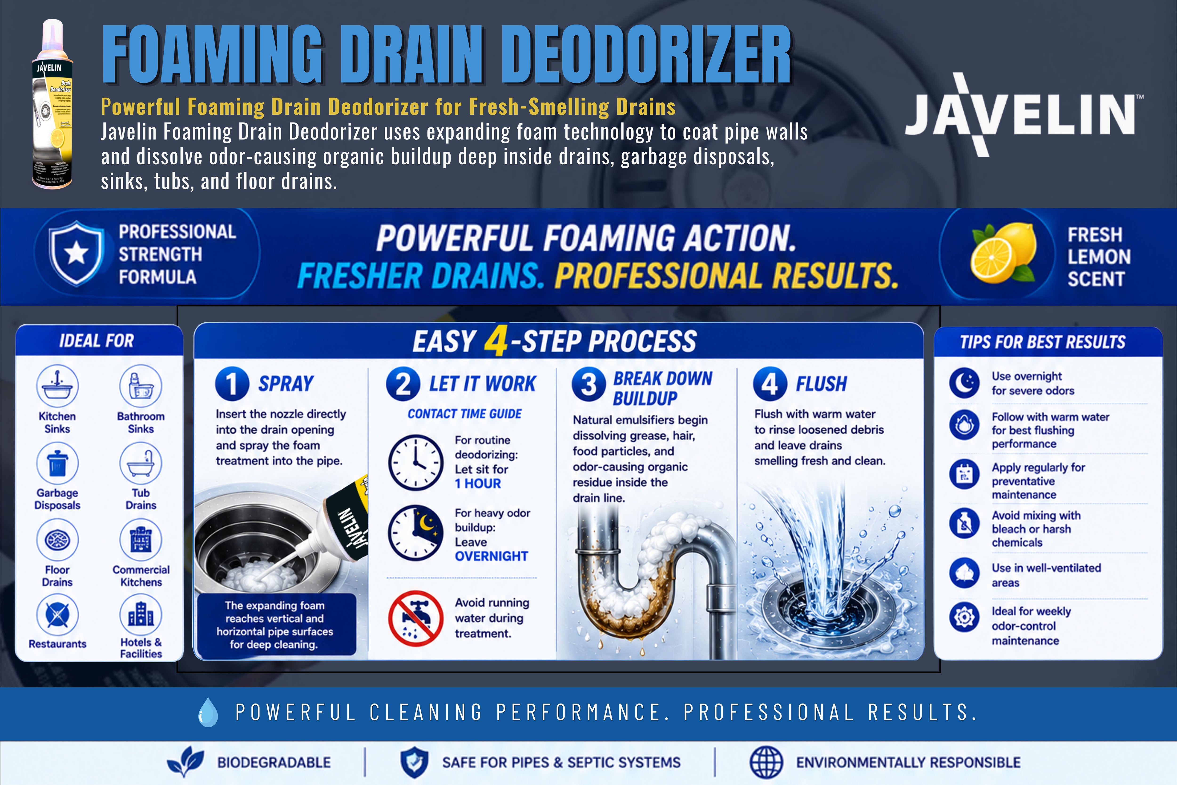 Javelin JA1000 Foaming Drain Deodorizer – 18 oz Aerosol