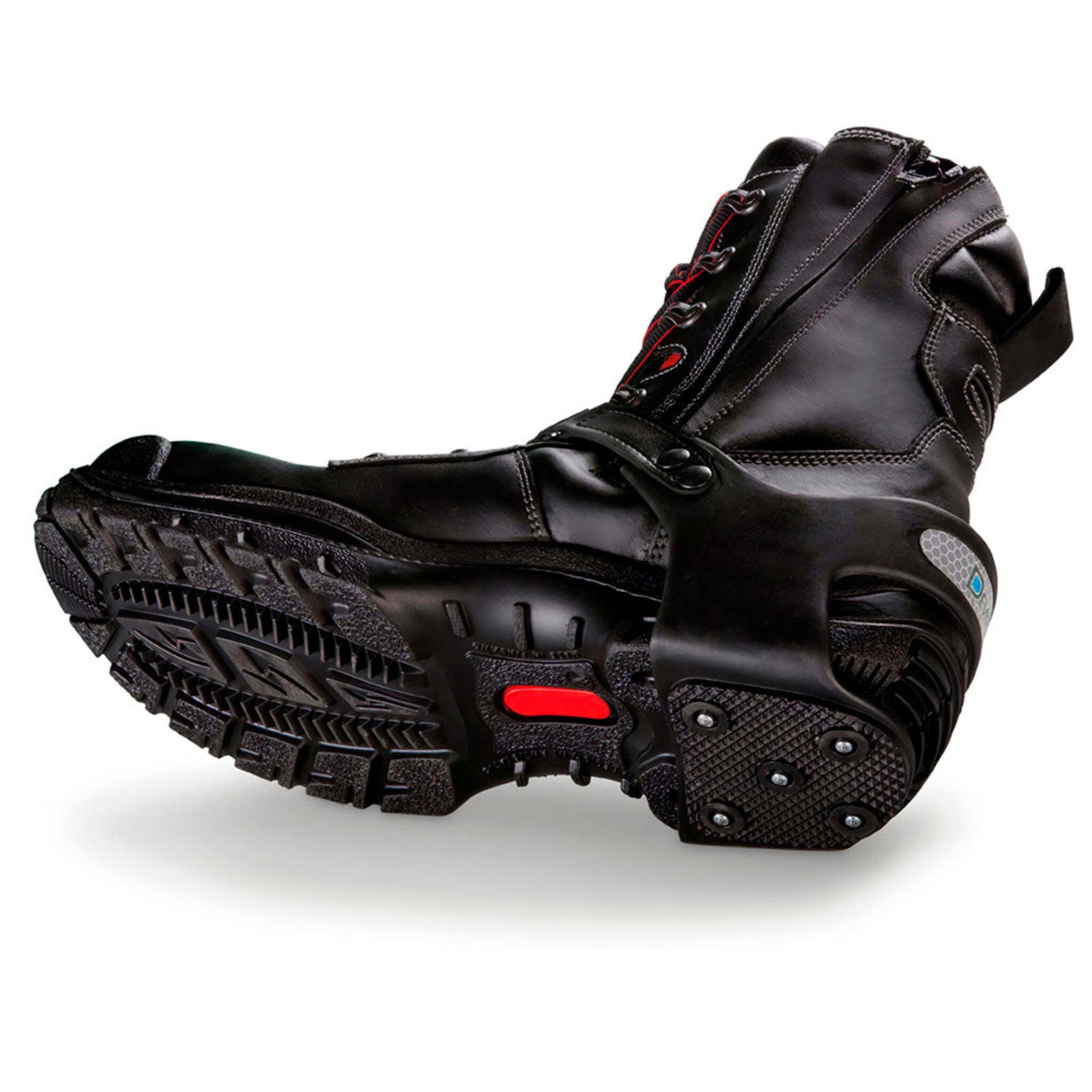 K1 Series Heelstop heel ice cleats with tungsten carbide spikes and reflective strips. Sized M-2XL. Fits any work boot. Ships free from Cleanflow.