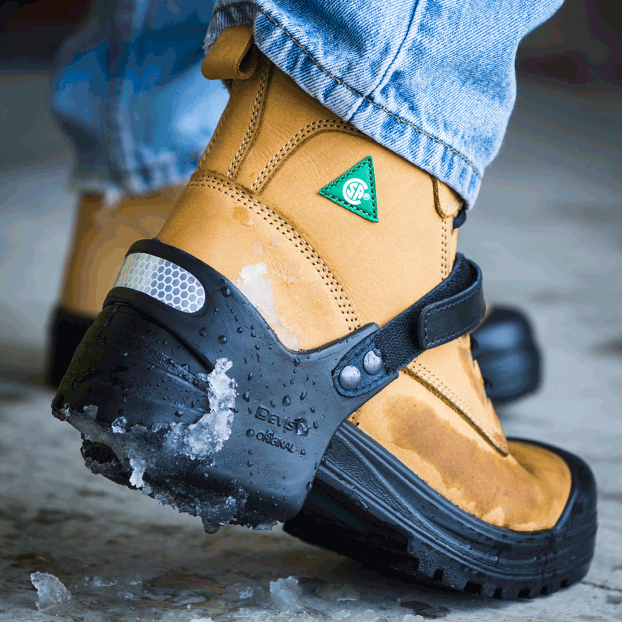 K1 Series Heelstop heel ice cleats with tungsten carbide spikes and reflective strips
