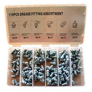 Metric Grease Nipple Assortment – 110-Piece Zerk Fitting Kit with Straight, 45° & 90° Metric Grease Fittings