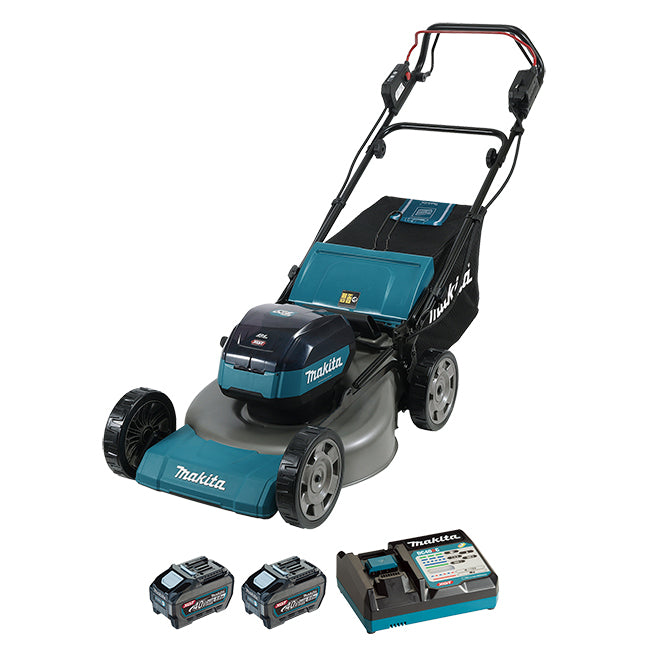 Makita 40Vmax Brushless 21" Self-Propelled Lawn Mower, 5.0Ah x2 Kit, 2-Bay Battery System, Steel Deck, Mulching & Bagging, Quiet Mode, Variable Speed