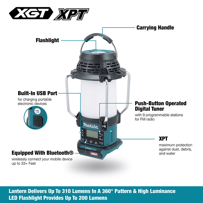 Makita 40V max XGT Cordless Lantern Radio w/ Bluetooth, XPT, & Flashlight MR010G - 310 Lumens, 33-Hour Lantern, 9-Station FM, USB Charging, Durable