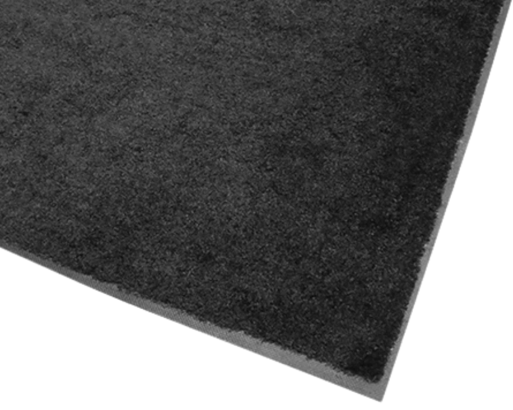Close-up of M+A ColorStar charcoal recycled PET carpet entrance mat with cut pile surface.
