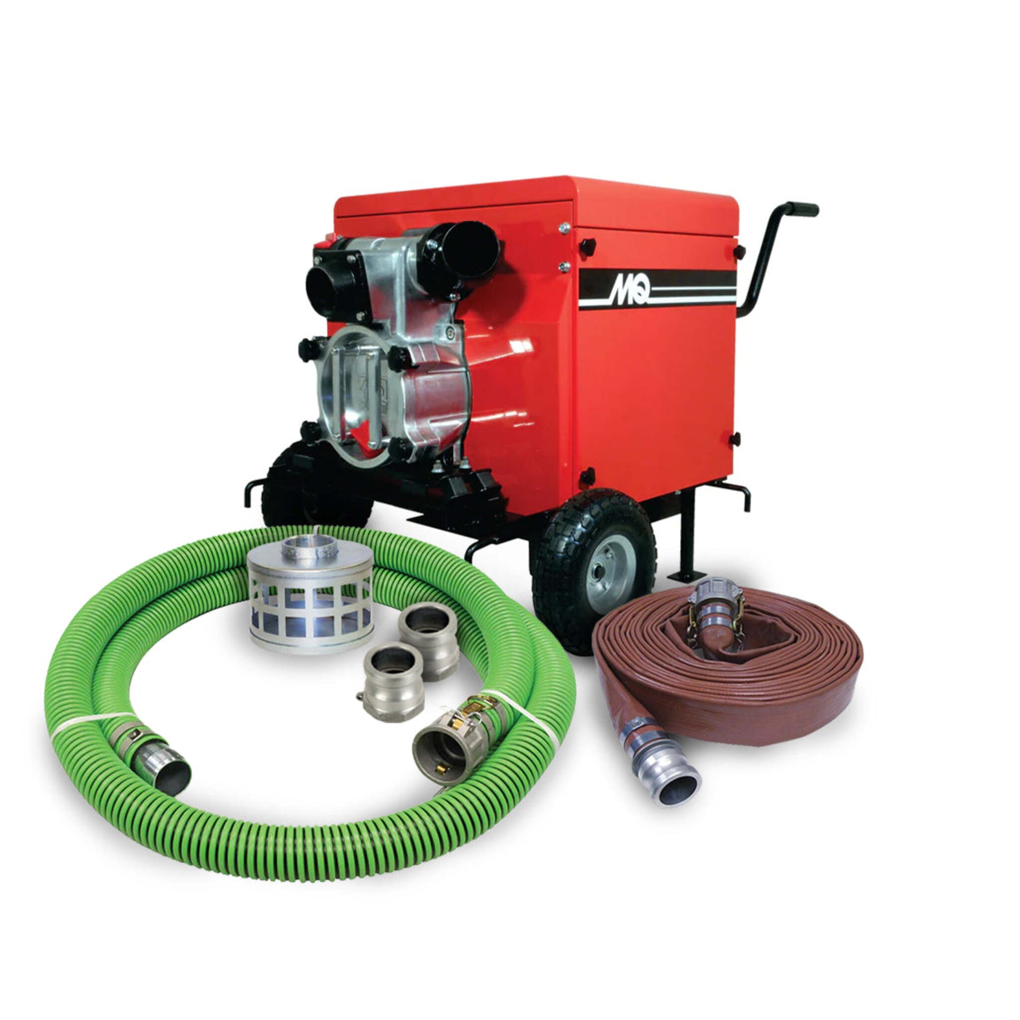 Multiquip QP3TS Silent Trash Pump: 396 GPM, Electric Start, Whisper-Quiet Operation, Dual 3-Inch Discharge Ports, Fully Enclosed Design with Wheel Kit