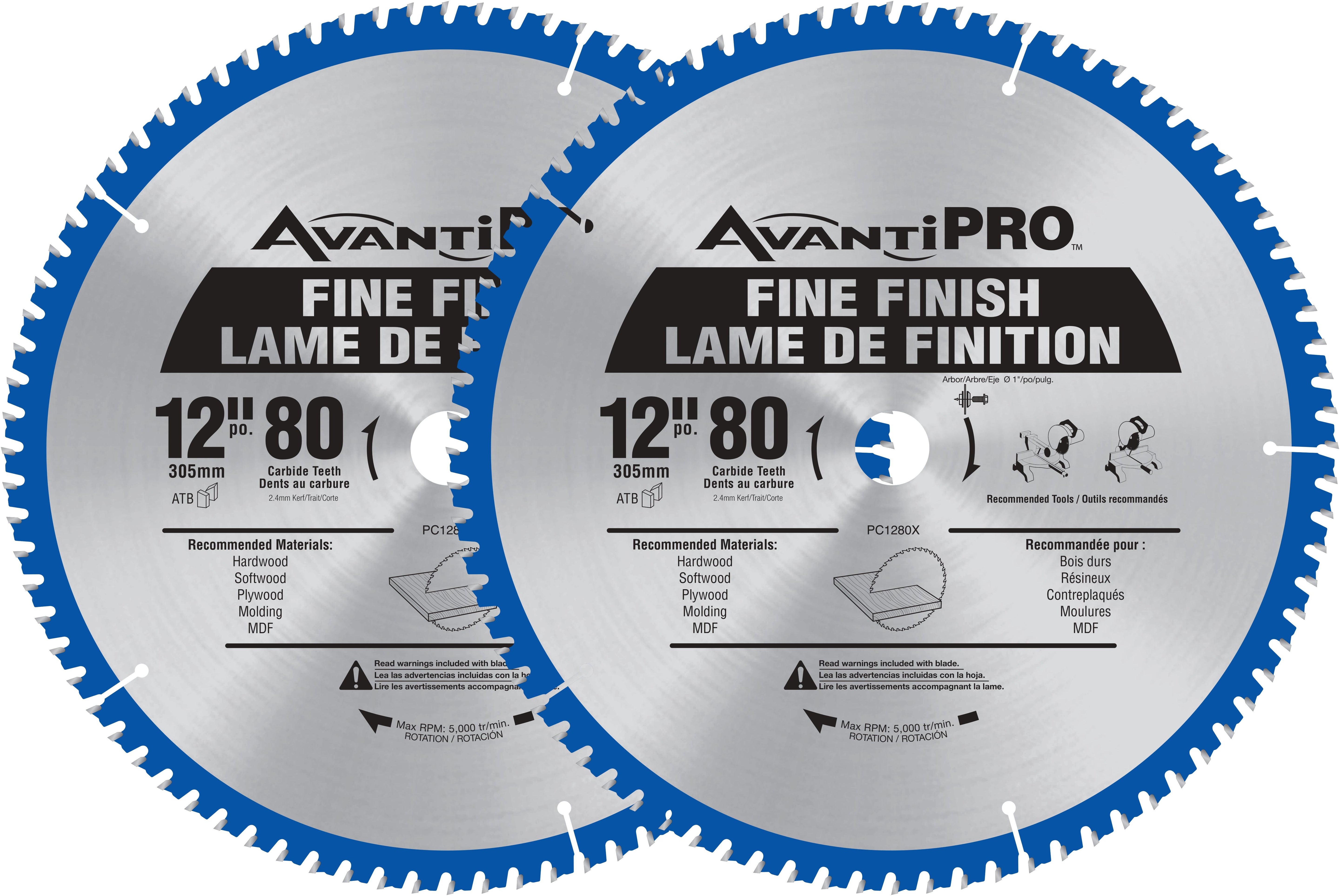 Avanti Pro 12-inch 80-Tooth Carbide-Tipped Fine Finish Mitre Saw Blade for Precise, Professional Wood Cutting, Fits 1-Inch Arbor - 2 Pack