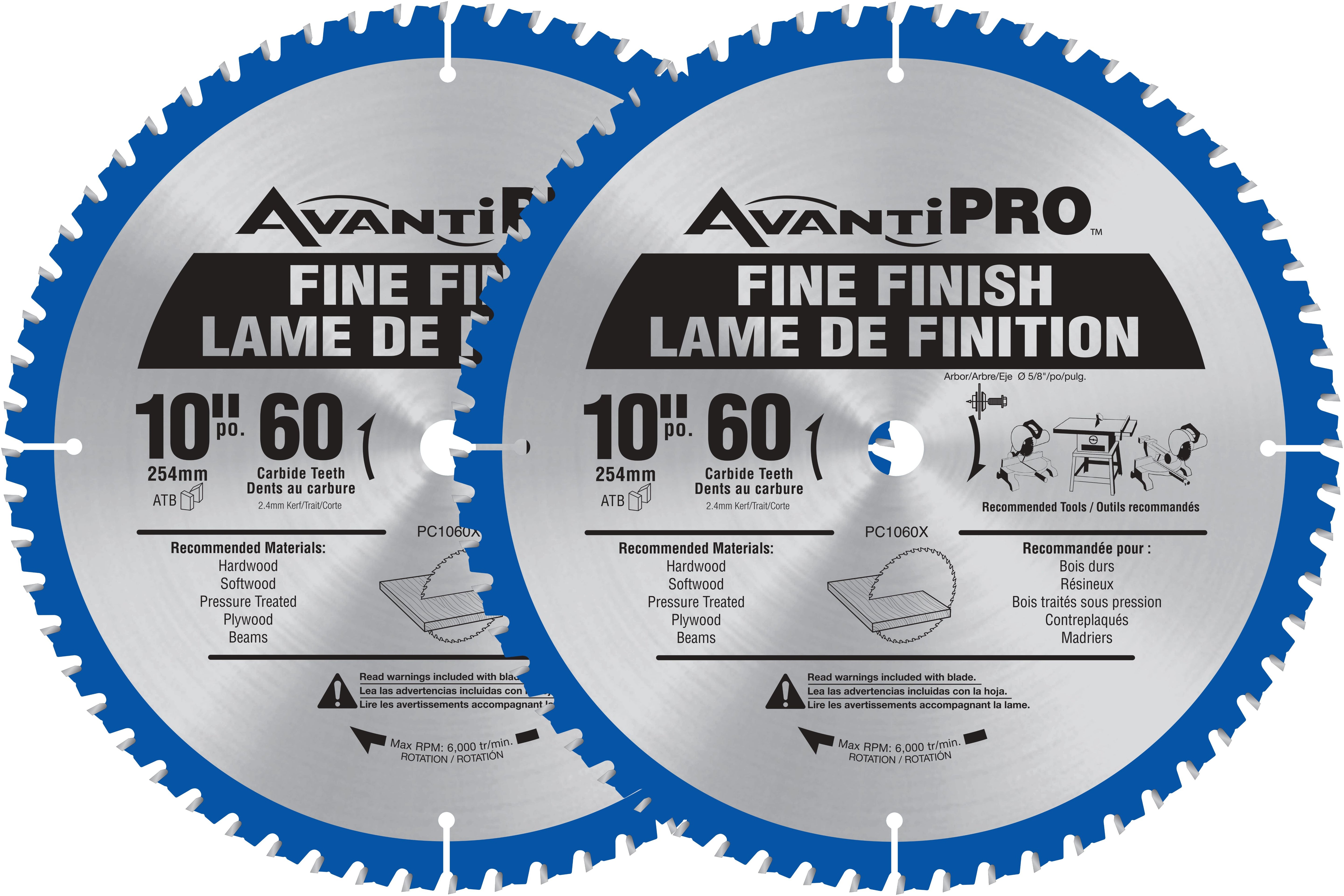 Avanti Pro 10-Inch 60-Tooth Carbide-Tipped Fine Finish Saw Blades for Mitre/Table Saw, 5/8" Arbor - Smooth Wood Cutting, Pack of 2