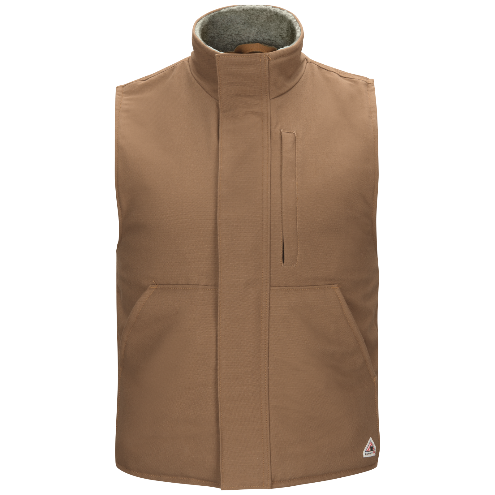 Bulwark FR Men's VLS2 Lined Sherpa Vest - HRC/CAT 3Sherpa Lining, Durable Brown Duck Fabric, Triple-Needle Stitching, Storm Flap | Sizes: S-2XL