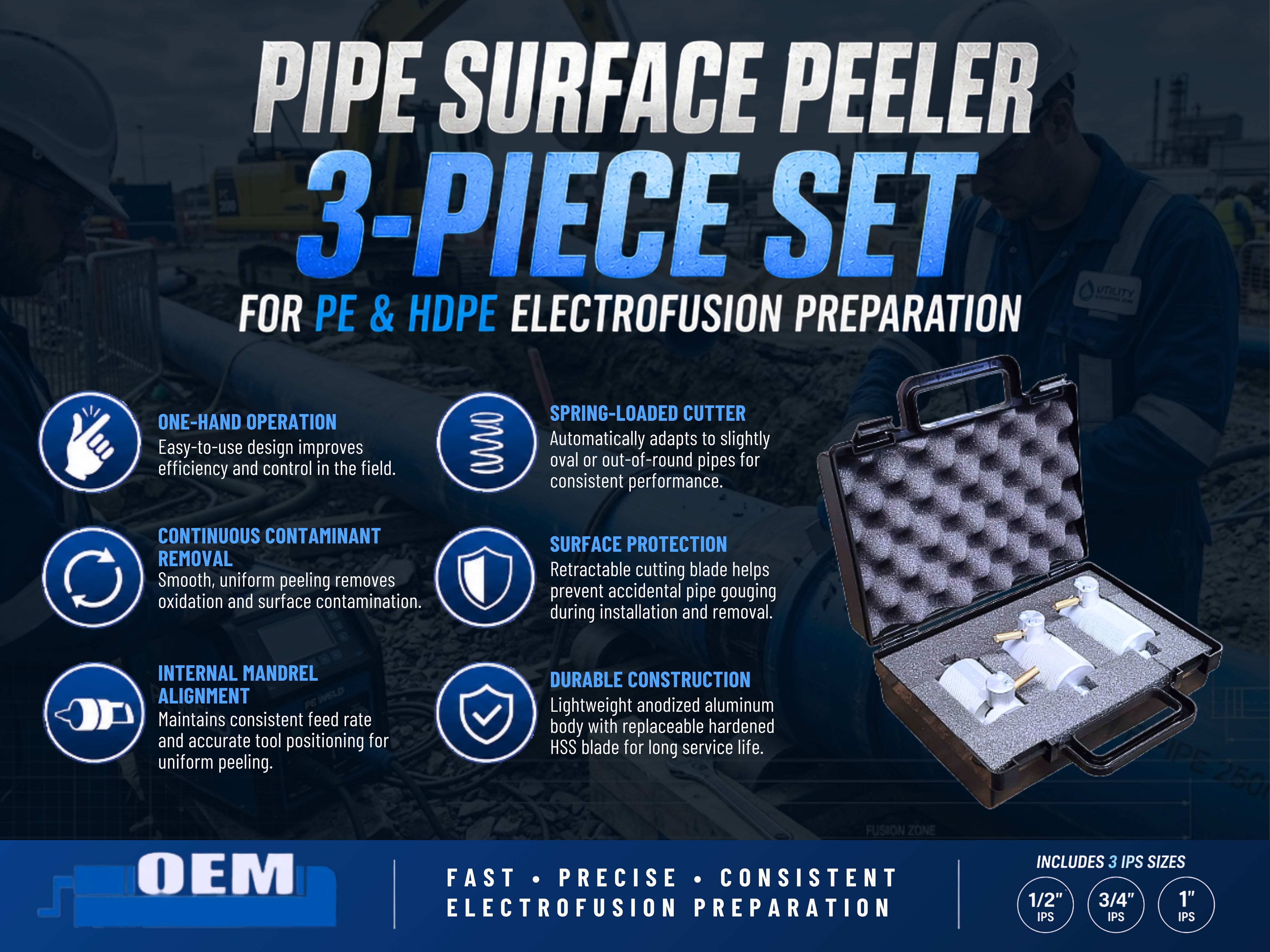 Pipe Surface Peeler 3 Piece Set with IPS Sizes for PE and HDPE Electrofusion Preparation – One-Hand Operation