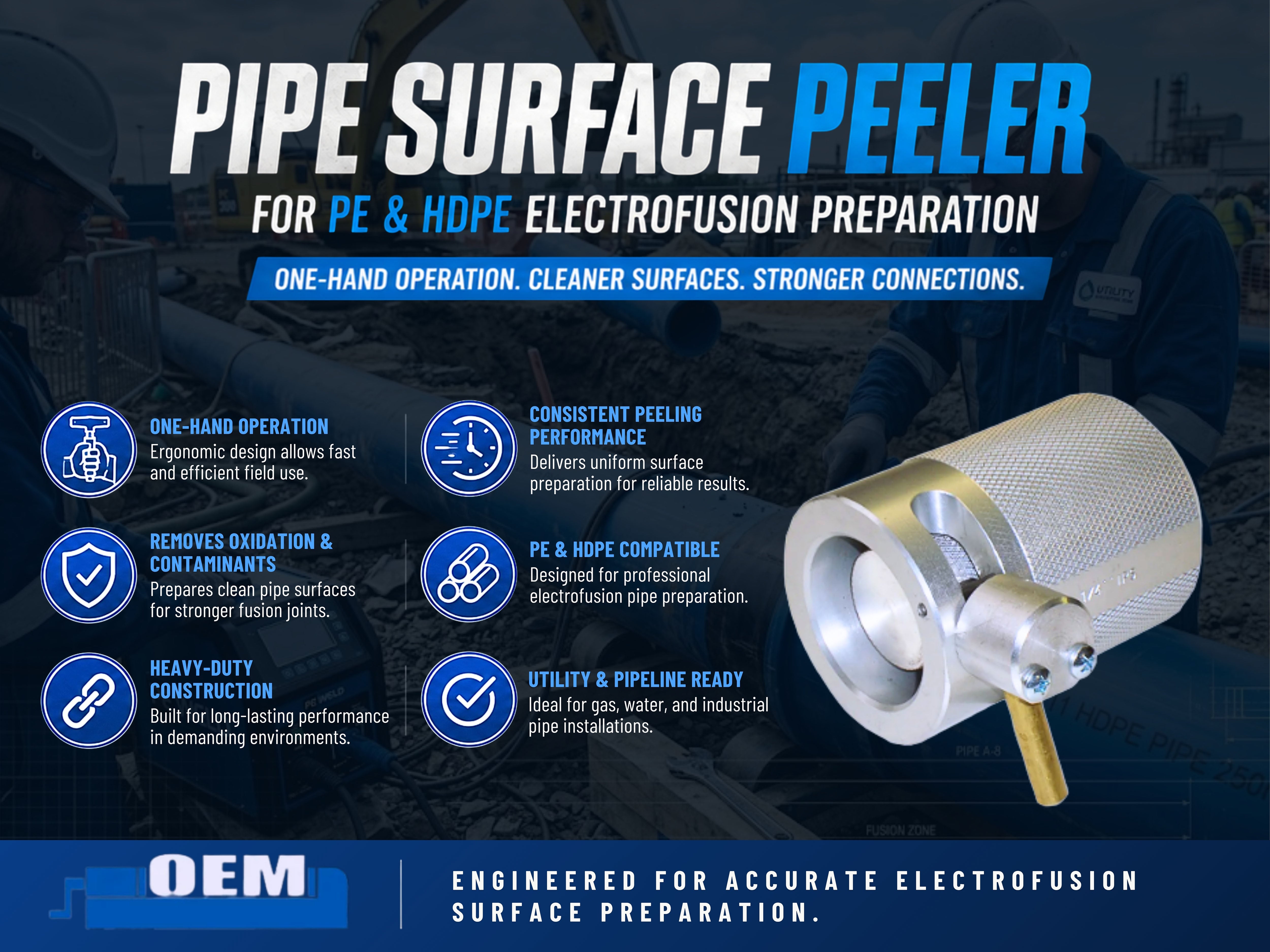 Pipe Surface Peeler for PE and HDPE Electrofusion Preparation – One-Hand Operation, Efficient Contamination Removal, Durable and Reliable