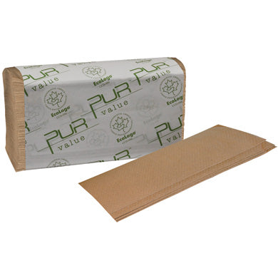 PUR® 101377 Multifold Paper Towels – Kraft | 9" x 9.5" | 1-Ply | 250 Sheets/Pack | 16 Packs/Case | Fits Standard Dispensers | Budget-Friendly Drying