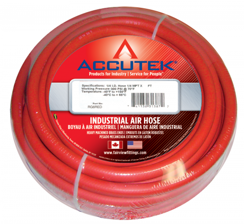 Accutek Red EPDM Rubber Air Hose Assemblies | High Flexibility, Lightweight, Spiral Synthetic Yarn, 250 PSI, -22°F to +167°F, RMA Class C