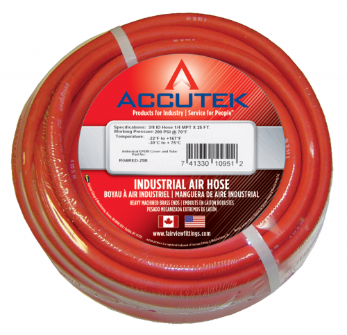 Accutek Premier Red Nitrile Rubber Air Hose Assemblies | Oil Resistant, Cold Weather Flexible, Non-Conductive, 250 PSI, Spiral Synthetic Yarn, -20°F to +190°F