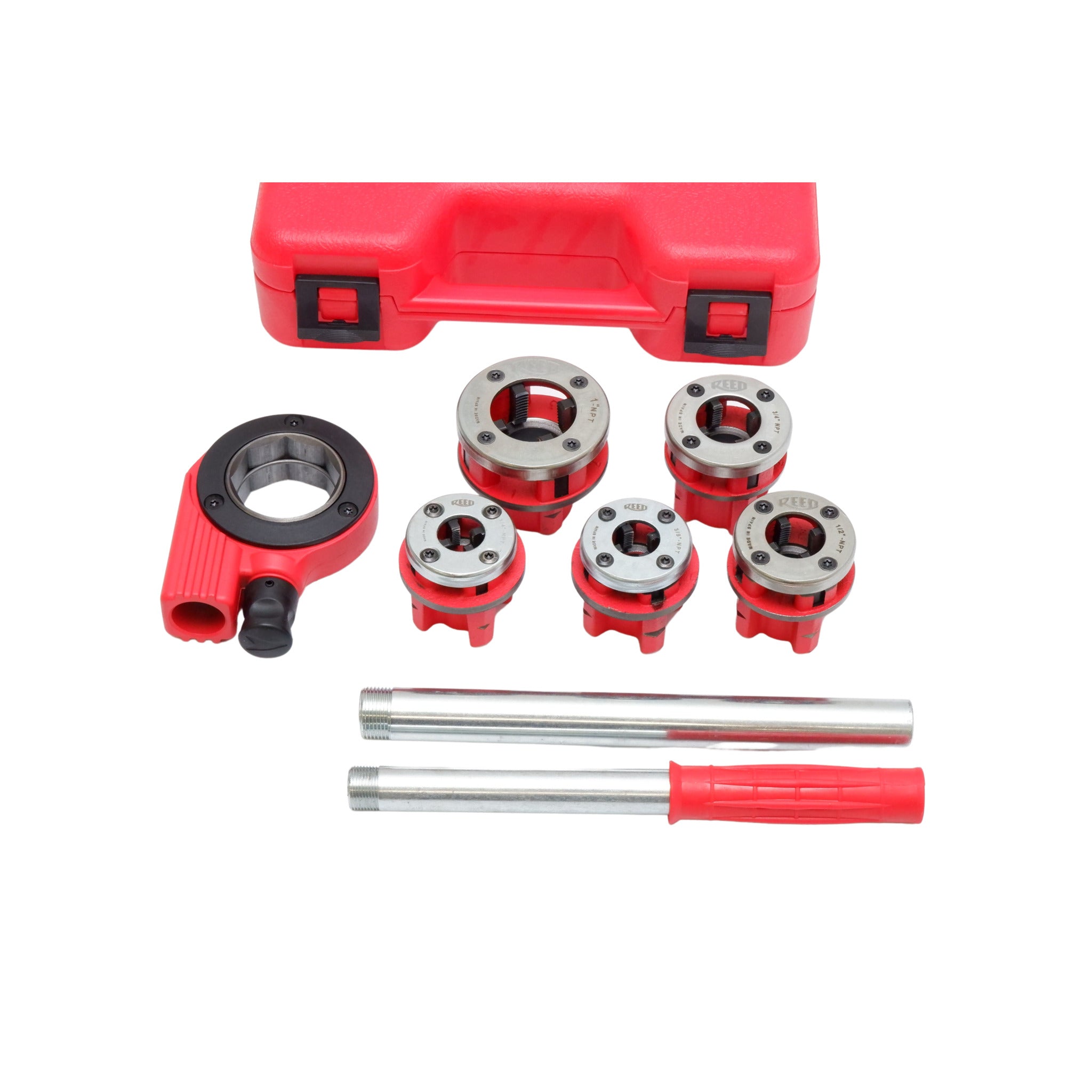 Reed DH81-2 enclosed ratchet threader set: five CNC alloy steel dropheads for 1/4 to 1 inch NPT pipe. 12.7 lbs. Fits RIDGID 11-R.