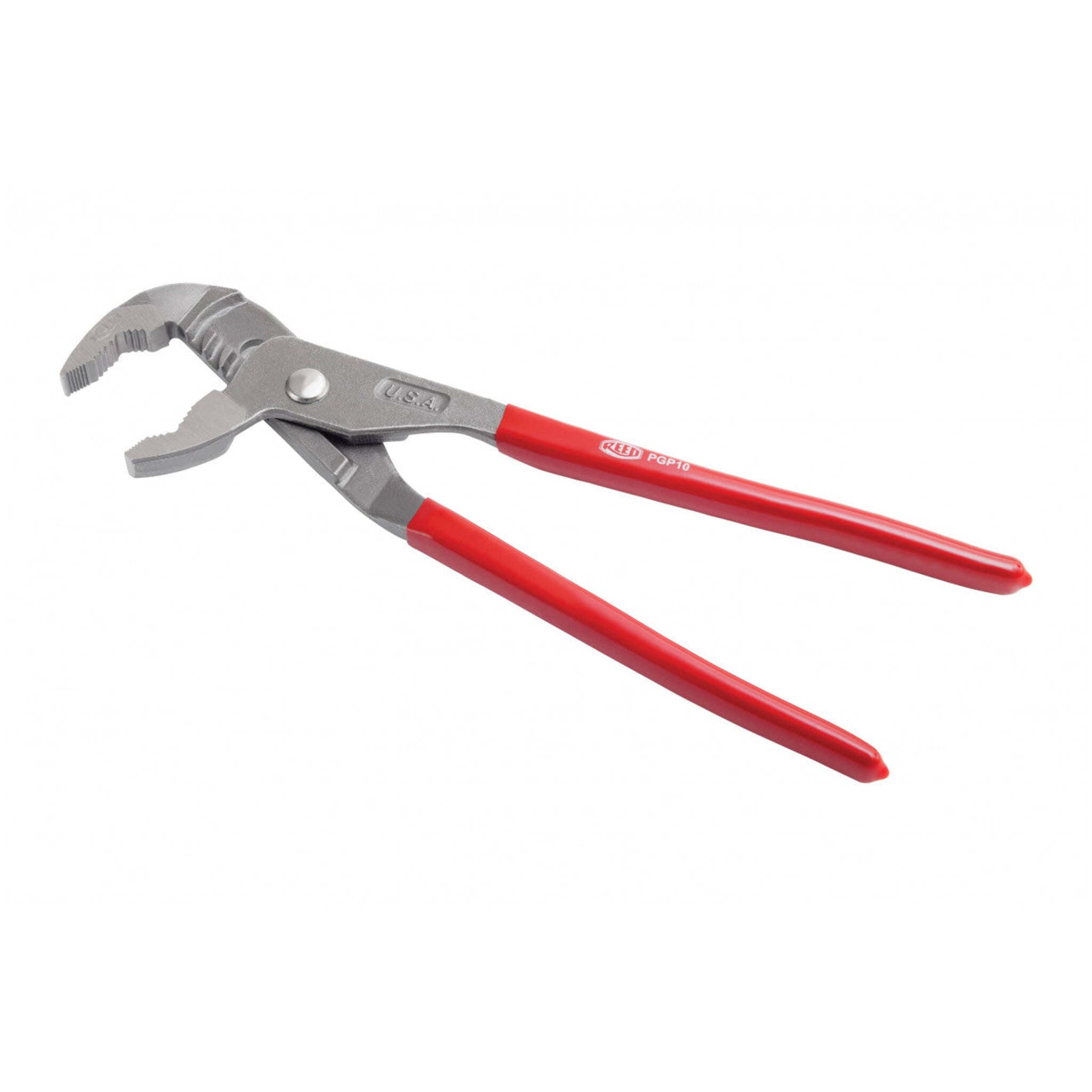 Reed positive grip pliers in 9.5 and 12 in. sizes. V-jaw, offset head, 7 groove positions. High carbon steel, one-hand operation. 