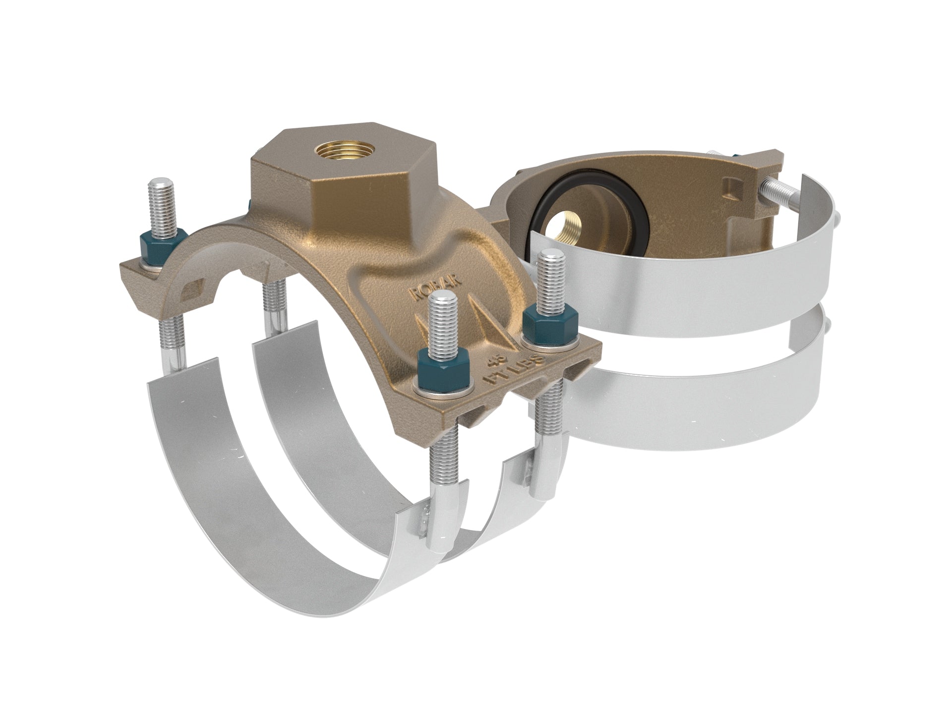 Robar 2706 Series Cast Bronze Service Saddles with Double Stainless Straps - CC Thread | 4-12" Pipe OD | Up to 300 PSI | Corrosion Resistant