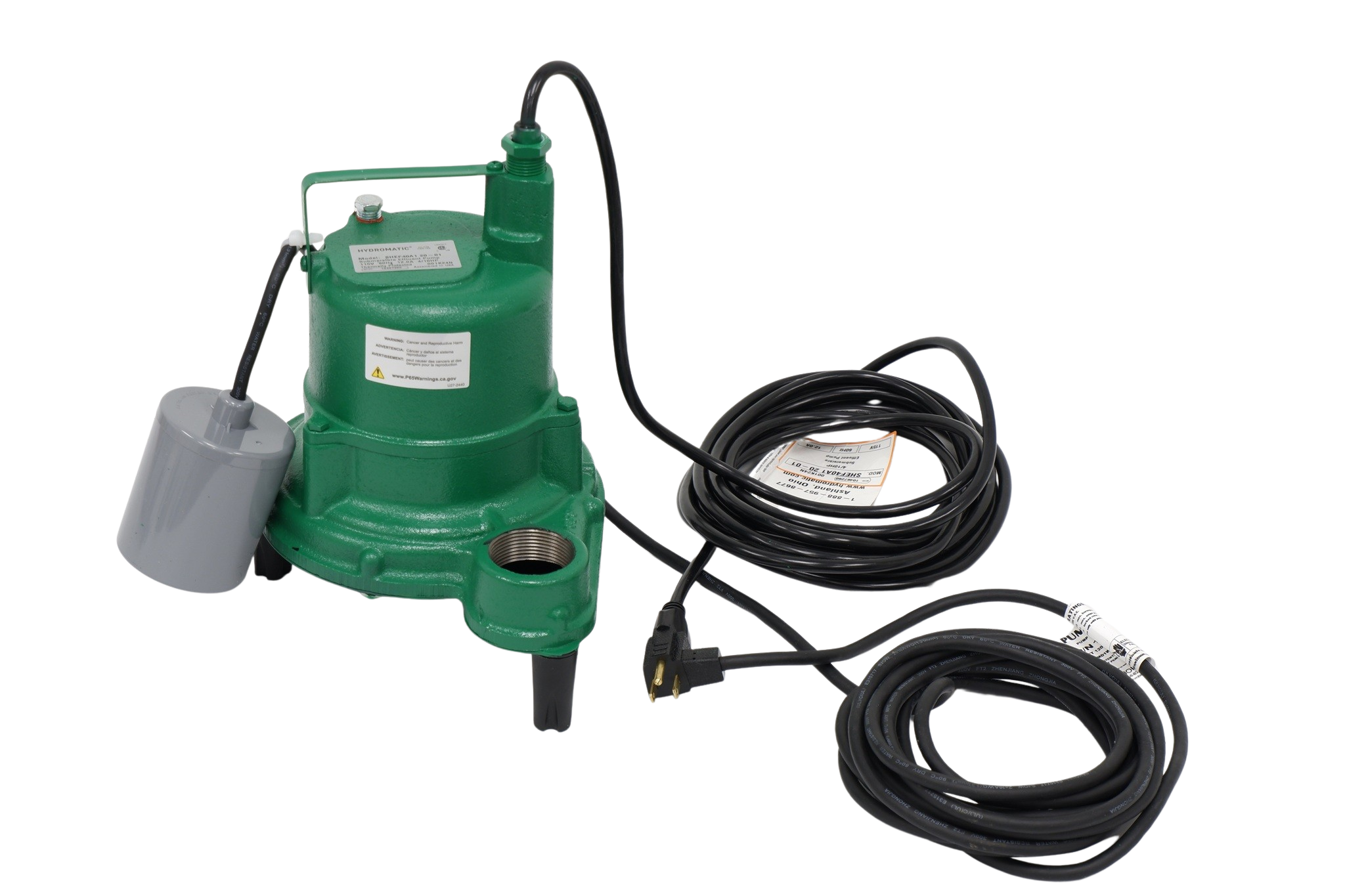 Hydromatic SHEF40A1 20-01 Cast Iron Effluent Pump - 4/10 HP | Thermal Overload Protection | Wide-Angle Piggyback Float Switch | For Septic Systems