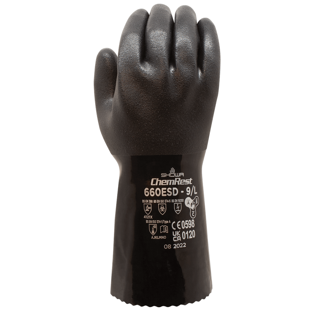 Showa 660 ESD Anti-Static Black PVC Gauntlet Gloves | Oil & Chemical Resistant | Triple-Dipped Protection | 12" Length | Pack of 12 Pairs | Ergonomic