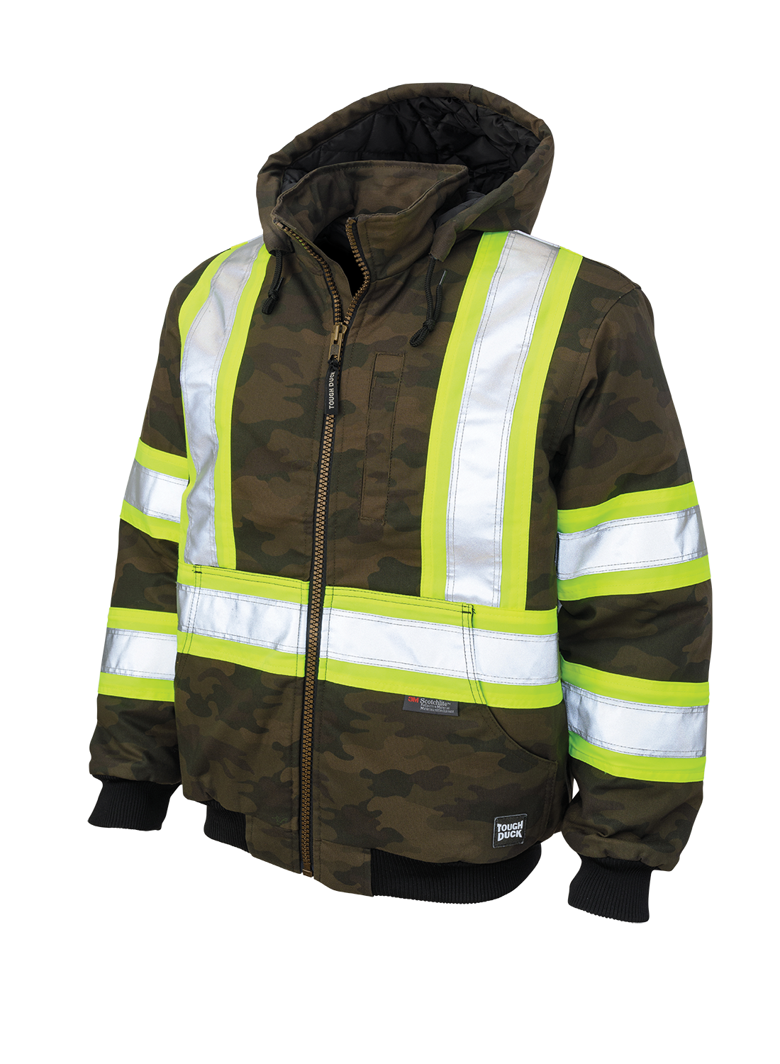 Tough Duck Men's Camo Hi Vis Safety Work Bomber Jacket SJ32 Cotton/Flex Duck Water Repellent Reflective Sizes S-5XL