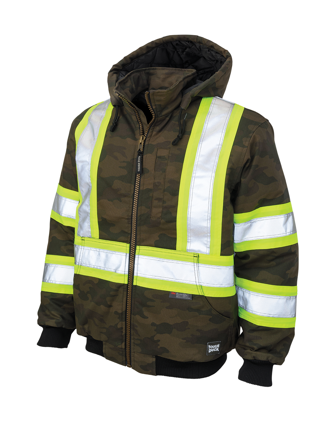 Tough Duck Men's Camo Hi Vis Bomber Jacket SJ32 - Cotton/Flex Duck, Water Repellent, Reflective, Insulated, Quick Release Hood, Multi-Pocket, Durable Workwear | Sizes S-5XL