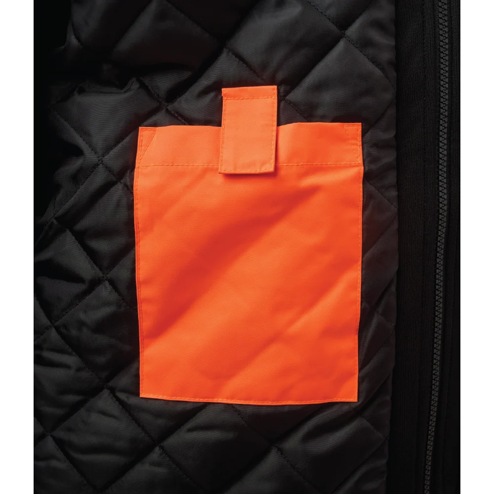 Tough Duck SJ51 quilt-lined safety jac-shirt media pocket detail