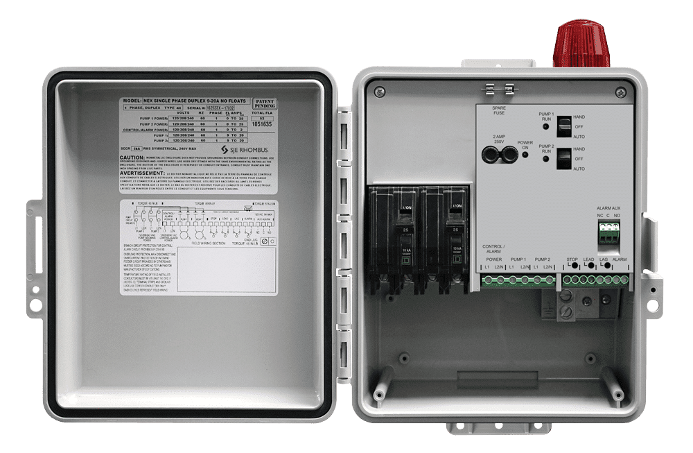 SJE NEX Series duplex pump control panel for two single-phase 120/208/240V pumps. Alternating control, NEMA 4X, alarm package. UL/cUL listed. Shop Cleanflow.

