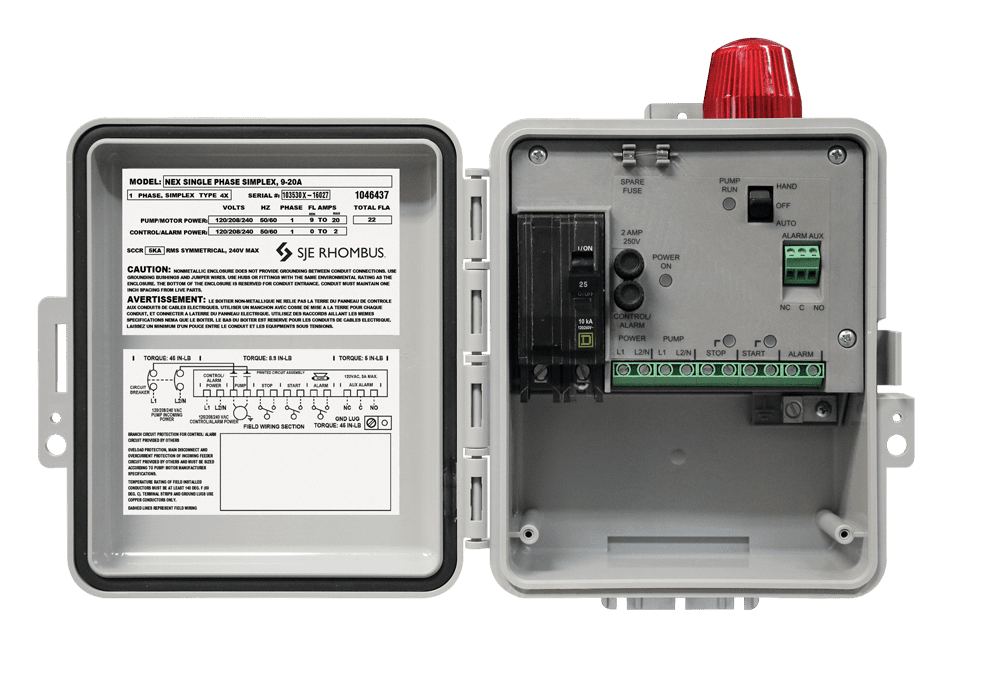 SJE NEX Series simplex pump control panel for single-phase 120/208/240V pumps. NEMA 4X enclosure, HOA switch, alarm package. Shop at Cleanflow.

