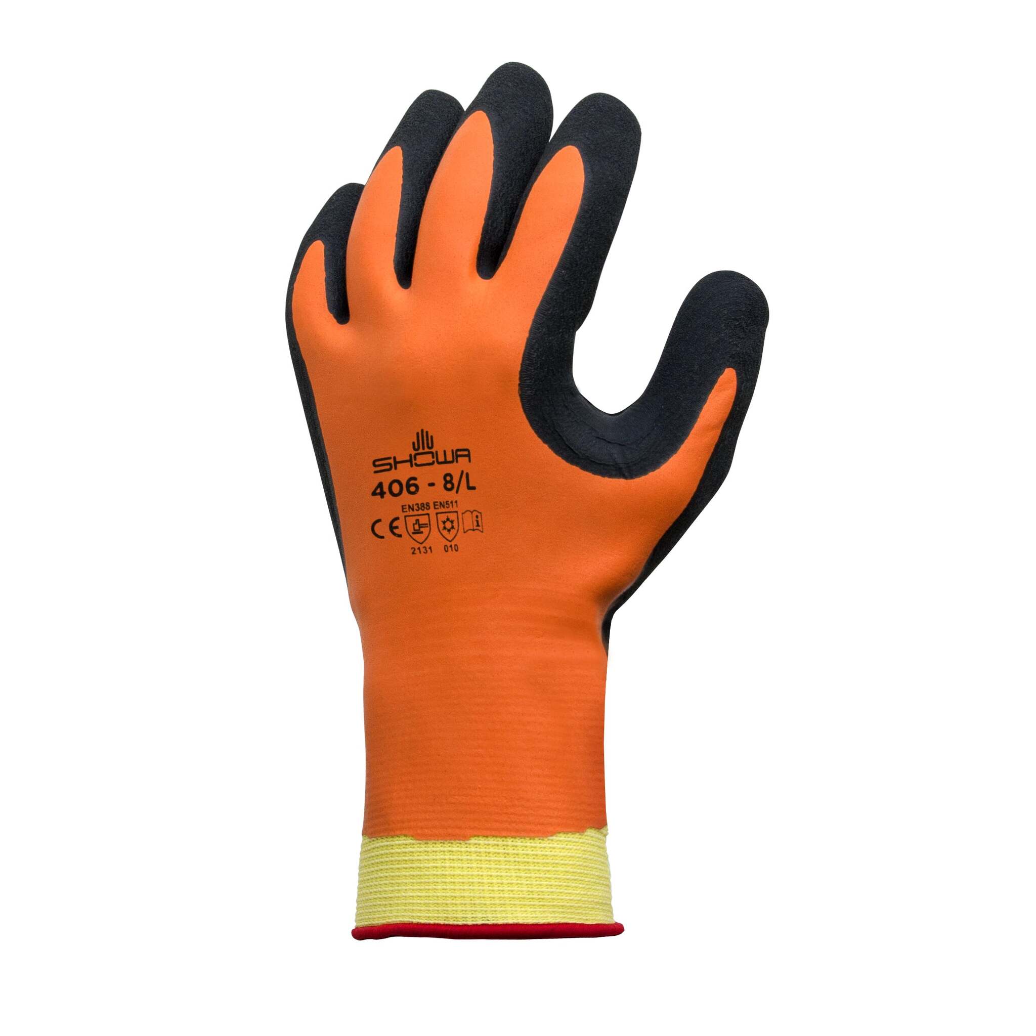 hi-vis fluorescent orange, dual latex foam coating, water-resistant, cold rating to -30C. Hi-vis latex foam gloves at Cleanflow.
