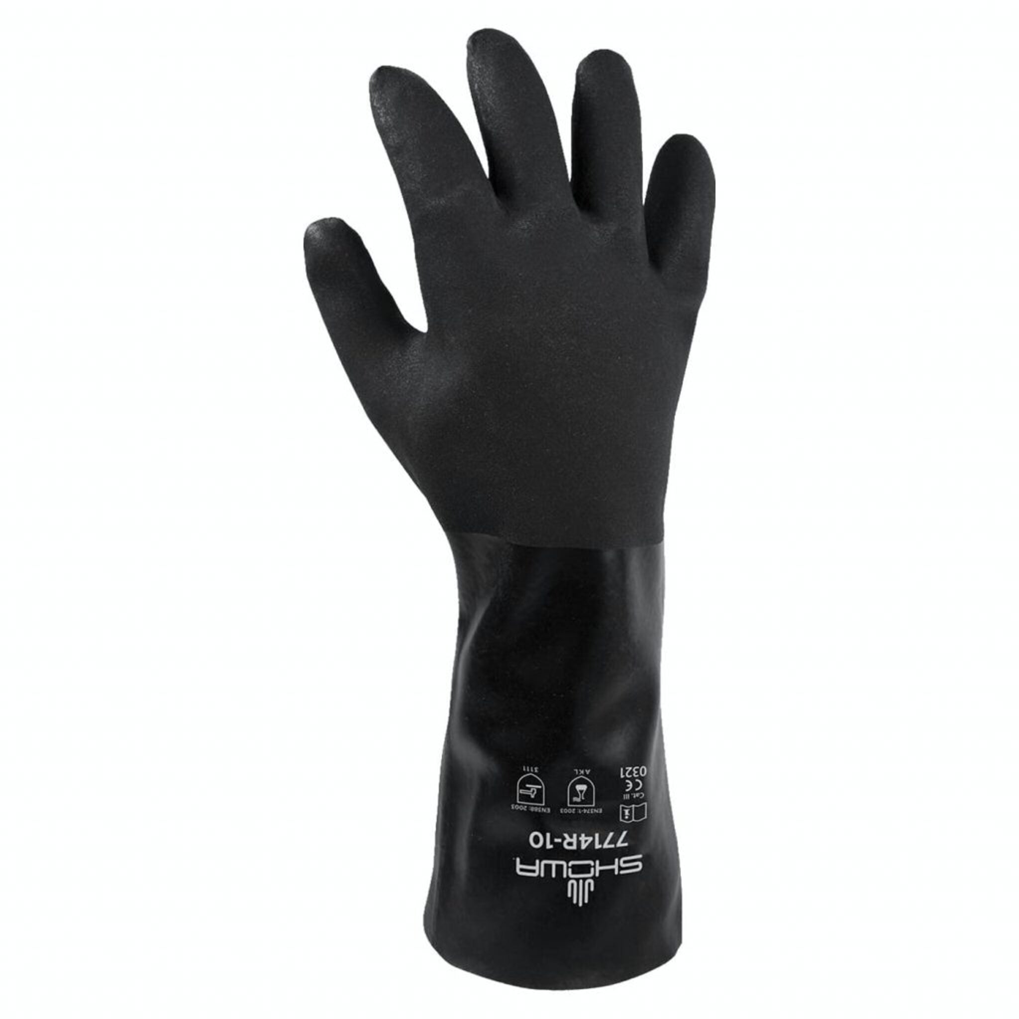 14 Inch PVC Work Gloves, 18-Mil Cotton-Lined Black Gauntlet with Rough Grip
