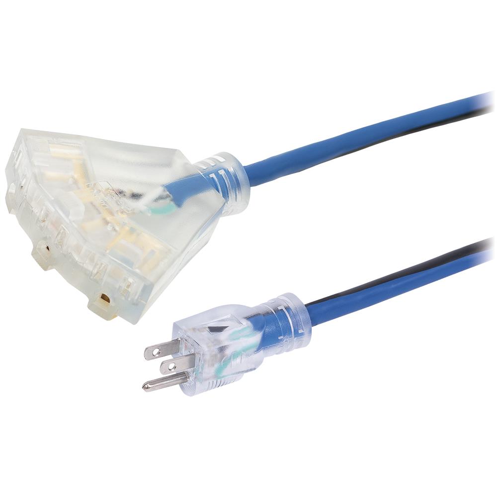 tartech 12 gauge SJTOW tri-tap extension cord. 15A, 1,875W, delta-style triple tap, cold flex to -50°C, ULC certified. 25 ft, 50 ft, 100 ft.
