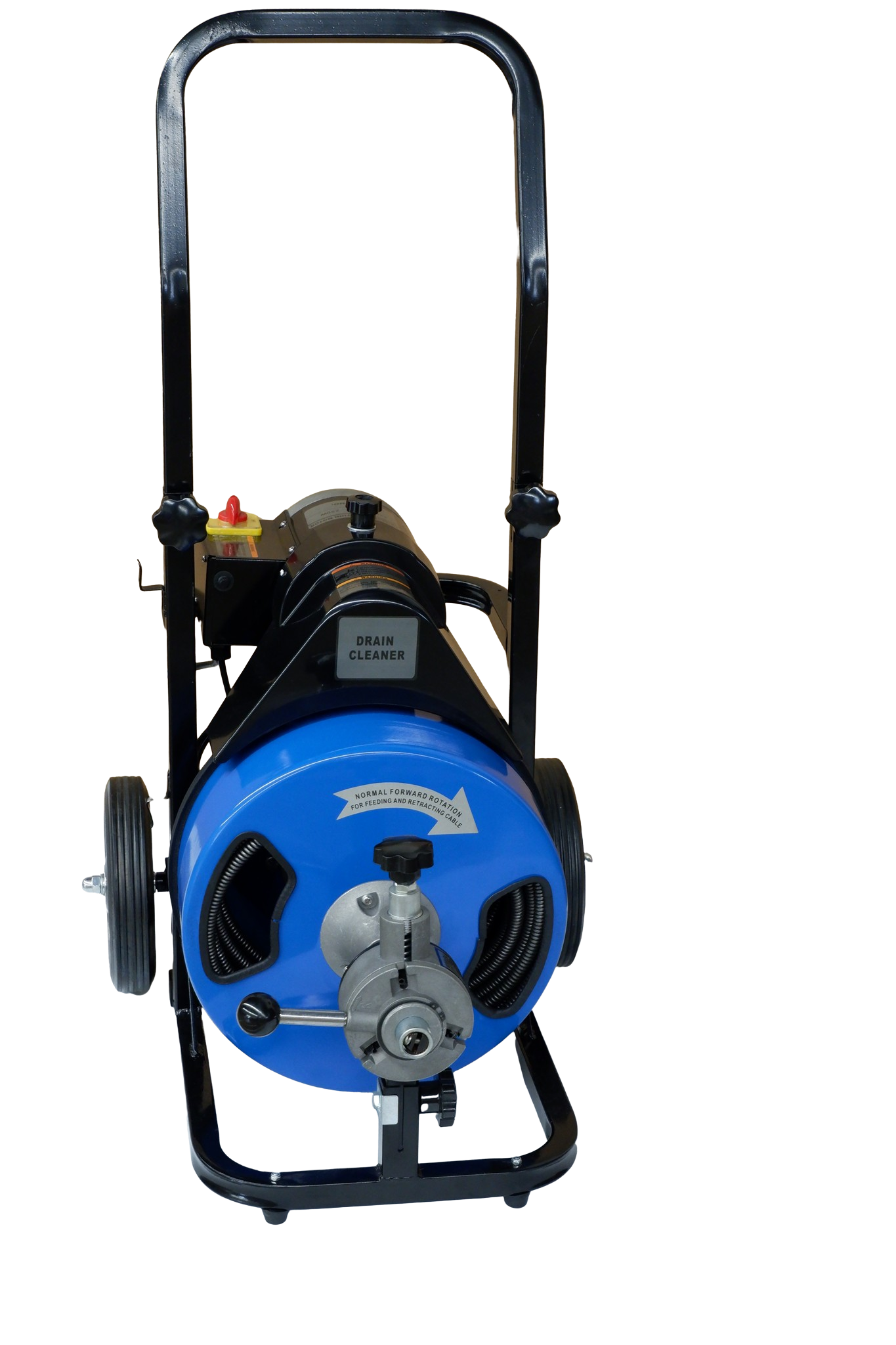 ToolTech Autofeed Electric Drum Auger drain cleaner with 50 ft x 1/2″ cable, 1400 RPM motor, cutter set, GFCI plug, wheels, and tool tray for 2″–4″ drains.