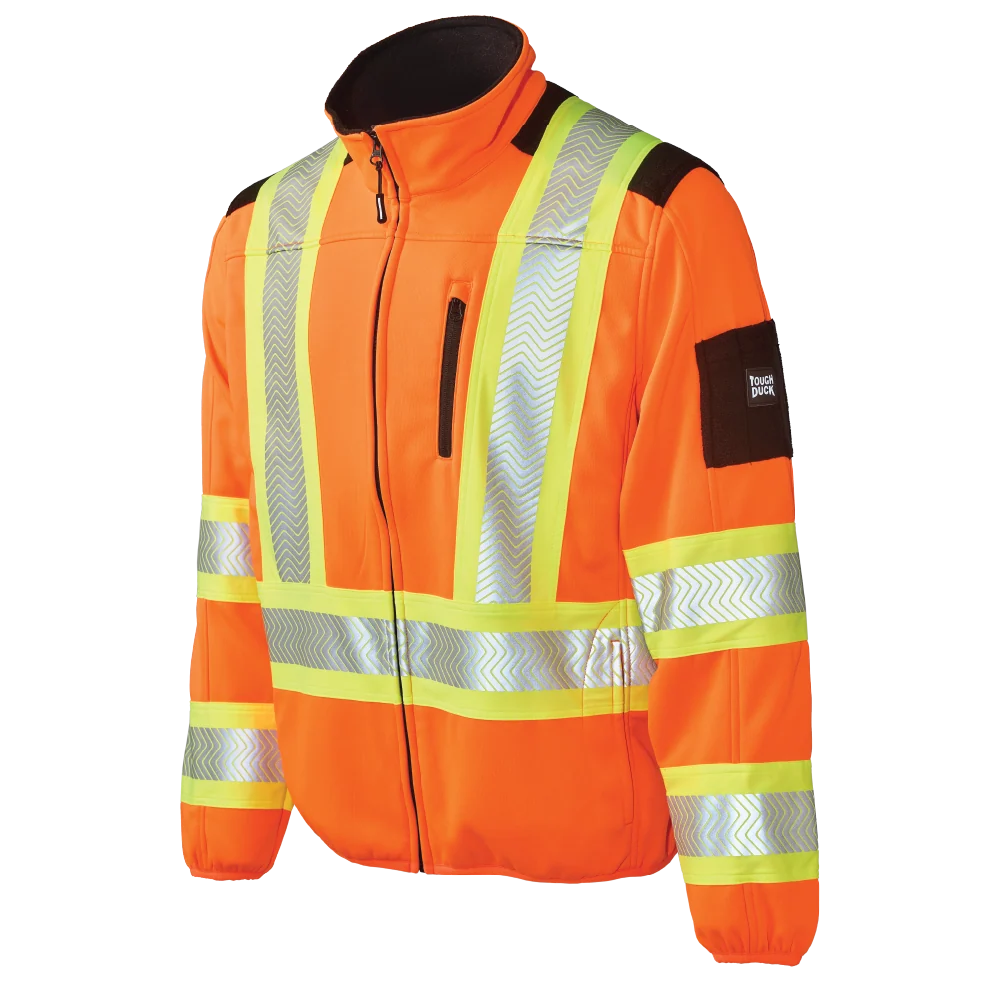 Tough Duck SJ49 zip front fleece safety jacket front view in fluorescent orange