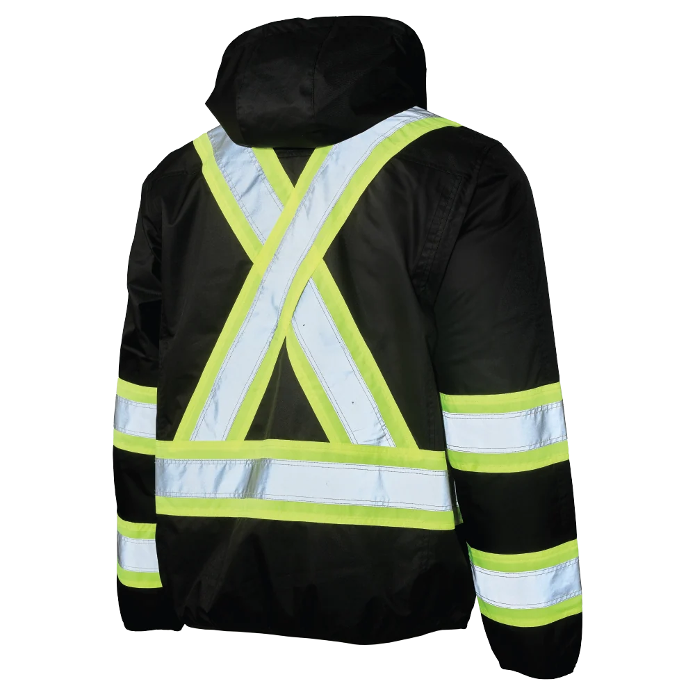 Tough Duck SJ50 light weight mesh-lined safety jacket back view in black with hood
