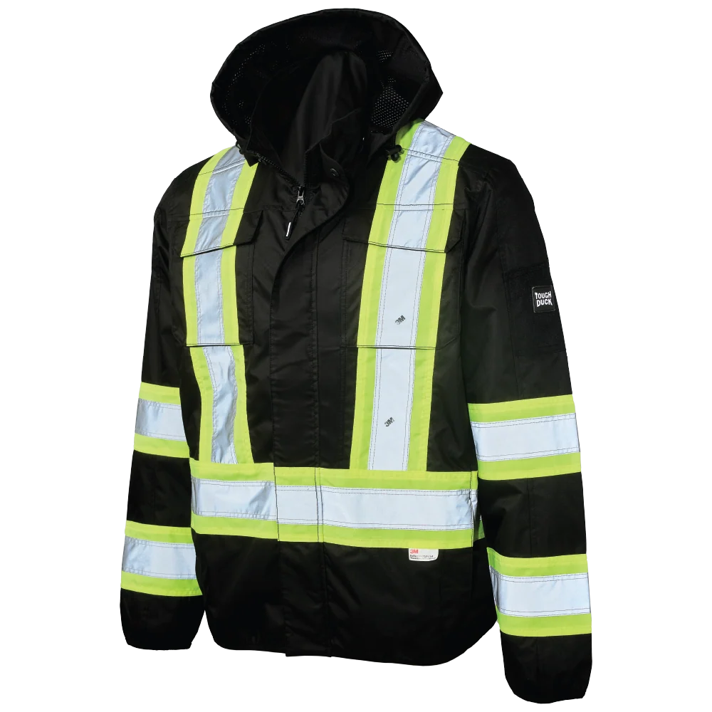 Tough Duck SJ50 light weight mesh-lined safety jacket front view in black with hood