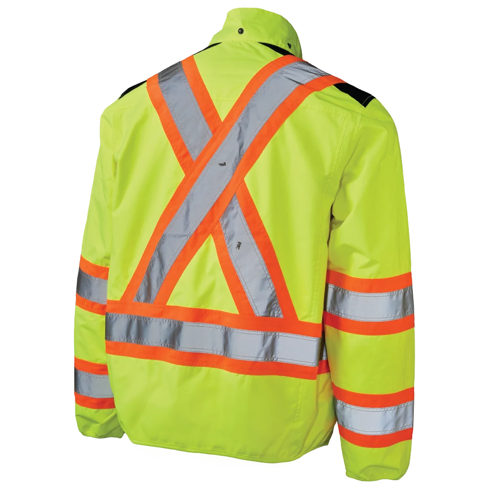 Tough Duck SJ50 light weight mesh-lined safety jacket back view in fluorescent green