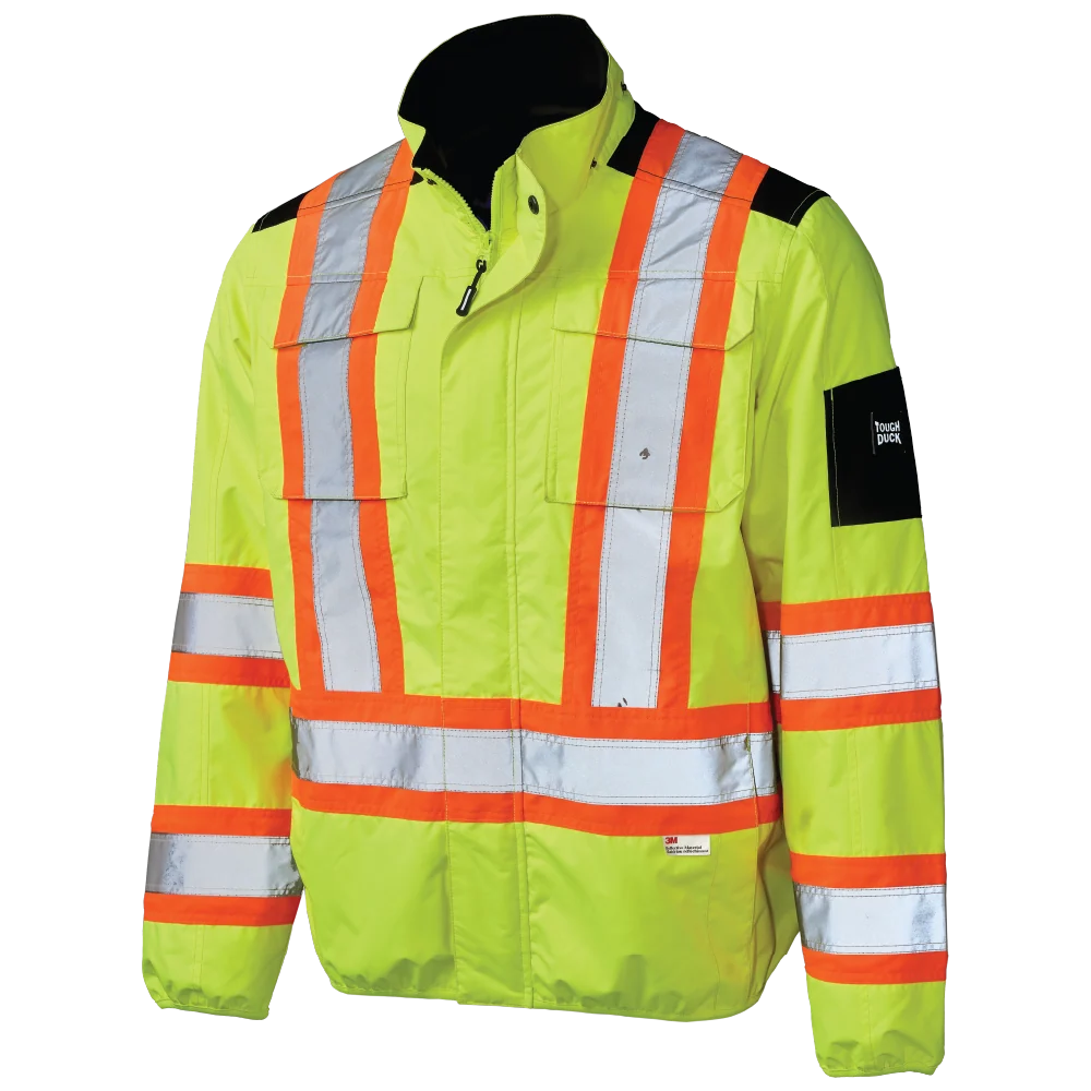 Tough Duck SJ50 light weight mesh-lined safety jacket front view in fluorescent green